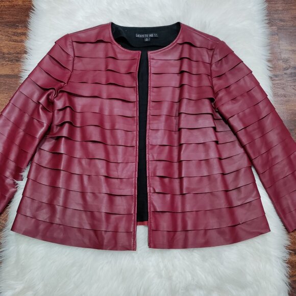 Lafayette 148 New York Burgundy 100% Leather Open Front Layered Jacket Size 6 - Picture 3 of 15